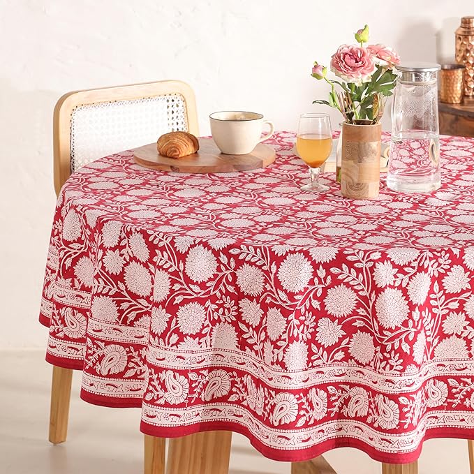 Hand Block Printed Table Cover - Exquisite Design, Premium Cotton Fabric, Perfect for Dining and Decor, Dining Table Linen (Cloudy Red Grace, 6 Seater 72 Inches Round)