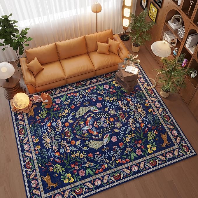 Rugcomf 9x12 Area Rugs for Living Room Washable Rug Floral Non-Slip Large Rug for Living Room, Bedroom, Farmhouse, Dining Room, Kids Playroom (Blue)