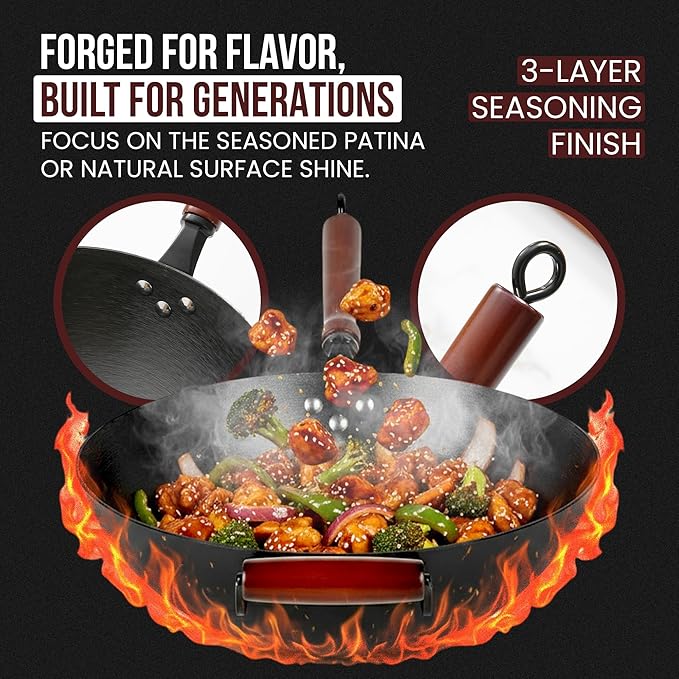 Pre-Seasoned Cast Iron Nonstick Stir-Fry Pan | Dual Handles & 4 Spatulas | Flat Bottom Wok with Wooden Lid & Wood Handle | Traditional Chinese Induction Wok (36Cm)