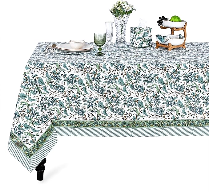 Ridhi Hand Block Print Sage Russian Green Rectangle Cotton Tablecloth 190" x 72" Reusable Table Cover Decorative Everyday Use for Dining, Farmhouse, Home Gift for Spring, Easter, Valentine
