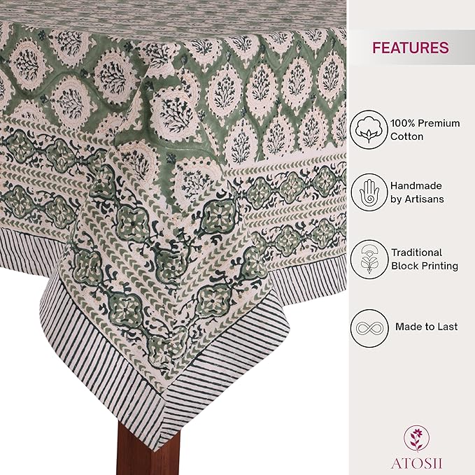 ATOSII Kari Green 100% Cotton Rectangle Fall Tablecloth, Block Print Floral Table Cloth Linen for Dining, Parties, Outdoors, Christmas, Thanksgiving, Grandmillennial Decor 60 X 90 Inches I 6 Seater