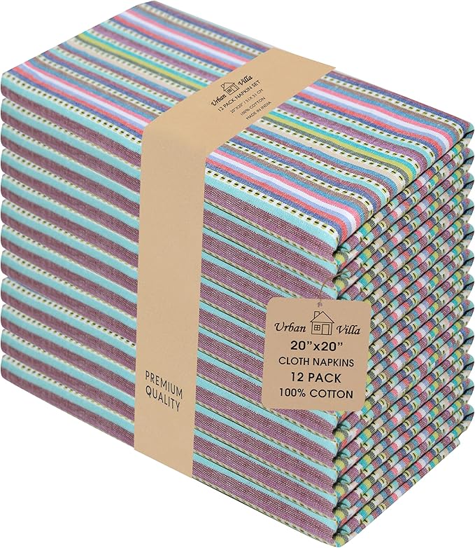 Urban Villa Cloth Napkins Set of 12 20x20 Inches 100% Cotton Napkins Cloth Washable Durable Reusable Absorbent Table Dinner Napkins Cloth for Hotel Lunch Restaurant Weddings Parties – Blue Stripes