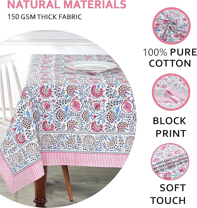 Ridhi Hand Block Print Pigeon Blue Flamingo Pink Rectangle Cotton Tablecloth 102" x 48" Reusable Table Cover Decorative Everyday Use for Dining, Farmhouse, Home Gift for Spring, Easter, Valentine