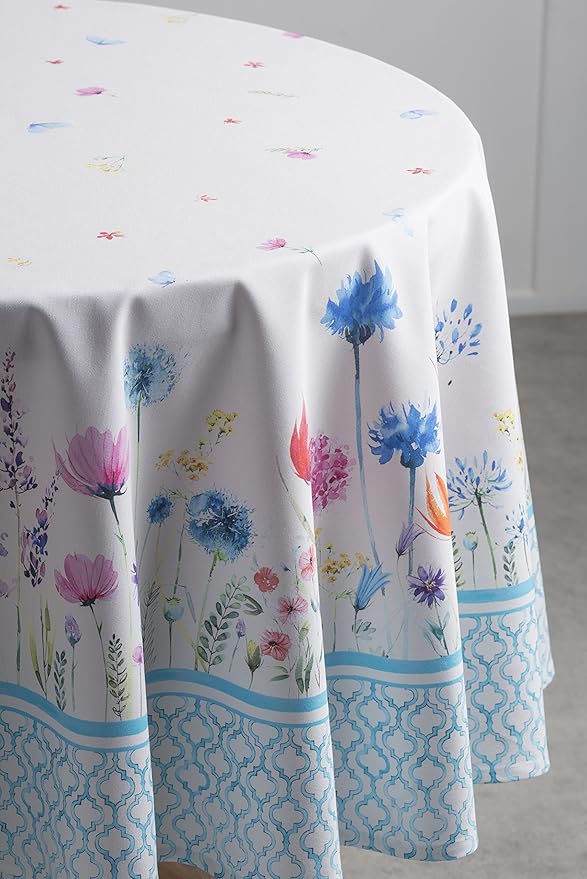 Maison d' Hermine Table Cloth Round Table 100% Cotton 63 Round Inches Tablecloth Reusable Decorative for Dining Room Farmhouse Home Valentines Day Decorations Spring Summer - Flower in The Field