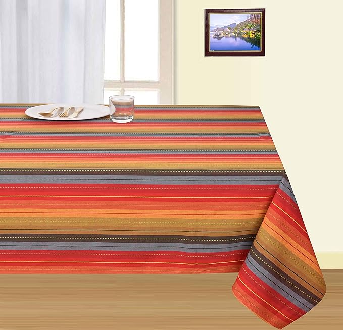 Urban Villa Tablecloth Cuisine Stripes Table Cloth Tabletop Cover Kitchen Dining Tablecloth 100% Cotton Great Parties Wedding Holiday Dinner Red Multi Rectangle 60X84 Inches 6-8 Seats Table Cloth