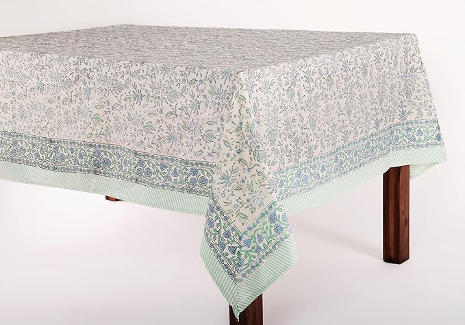 ATOSII Aster Blue 100% Cotton Square Boho Fall Tablecloth, Handblock Floral Table Cloth Linen for Kitchen Dining I Parties Wedding Outdoors Christmas Thanksgiving I Fall Home Decor 60 X 60 Inches