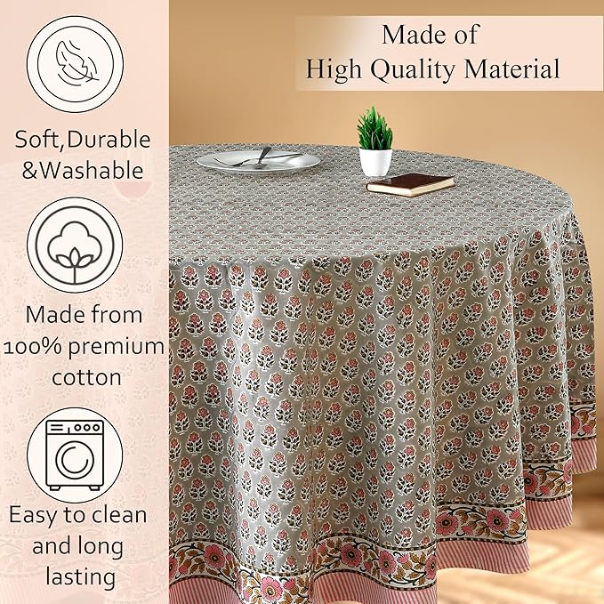 CPC Round Tablecloth- Cotton Indian Block Print Tablecloth -Handmade Printed Washable Cotton Table Cloth - Spring/Summer, Wedding Table Cover - Labra Gray 110 Inches