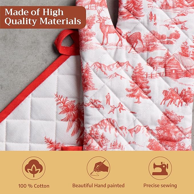 Maison d' Hermine 100% Cotton Oven Mitt & Pot Holder Set (7.5"x13" & 8"x8") Heat Resistant BBQ Cooking Gloves with Loop for Thanksgiving Christmas Decorations Handling Hot Pans (Winter Jouy)