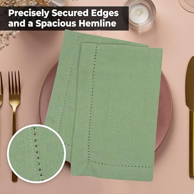 Urban Villa Cloth Napkins Hemstitch Dinner Napkins Set of 12 20X20 100% Cotton Absorbent Washable Durable Reusable Cloth Napkins for Farmhouse Party Hotel Lunch Restaurant Everyday Use - Sage