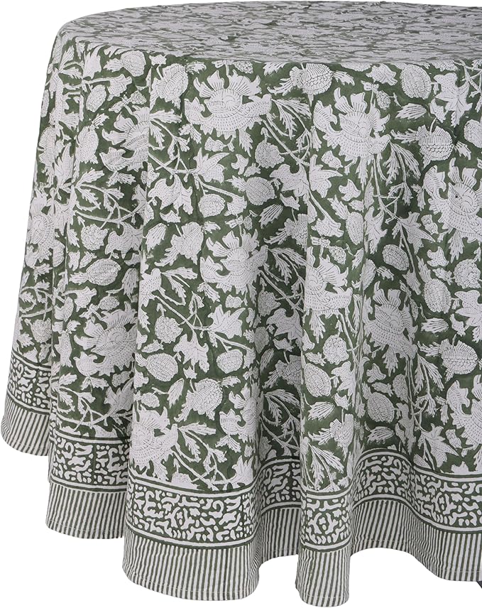 ATOSII Meraki Green 100% Cotton Round Spring Tablecloth, Handblock Print Floral Table Cloth for Kitchen Dining Linen I Parties, Weddings, Outdoors, Christmas, Easter Home Decor 90" Inches Round