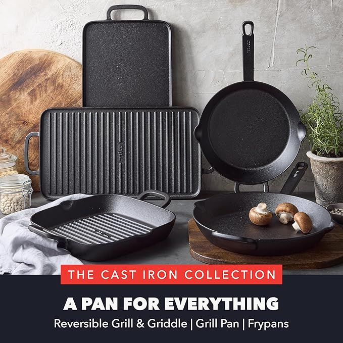 GreenPan x Bobby Flay Cast Iron Skillet Set, 8” &10” Pre-Seasoned Frying Pans, Pour Spouts, Induction Compatible, Oven, Grill, Indoor/Outdoor, Durable, Black