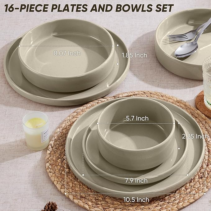 E-far 16-Piece Plates and Bowls Sets - Stoneware Dinnerware Sets with Pasta Bowls for 4 | Microwave & Dishwasher Safe Kitchen Modern Dish Set, Speckled Khaki