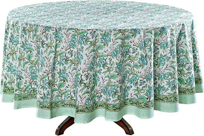 Ridhi Block Print Round Sage and Russian Green Reusable Tablecloth 100% Cotton 110" Inch Decorative Table Cover eveyday Dining, Home, Party, Wedding, Farmhouse Gift for Spring, Easter, Valentine