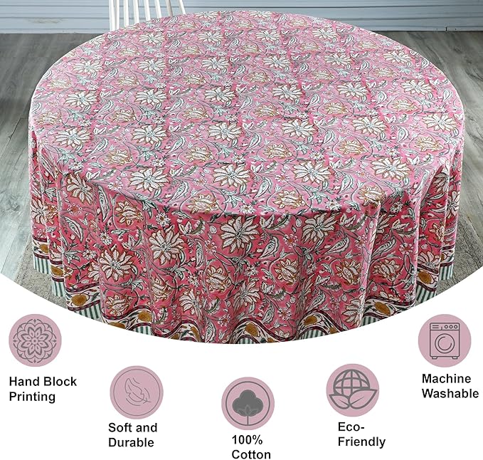 Ridhi Block Print Round Candy Pink Reusable Tablecloth 100% Cotton 120" Inch Decorative Table Cover eveyday Dining, Home, Party, Wedding, Farmhouse Gift for Spring, Easter, Valentine