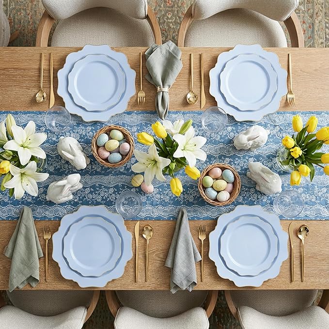 WDF 175Pcs Blue Plastic Plates - Heavy Duty Baby Blue Plates Disposable - 25Guests Plastic Dinnerware Ideal for Parties/Wedding/Baby Shower/Easter