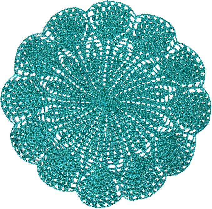 BIBITIME Round Flower Lace Doilies Vase Mats Kitchen Tablecloth Dish Plate Mat Handmade Crochet Table Doily Placemats (Peacock, 11.8 in to 13.8 in,1PC)