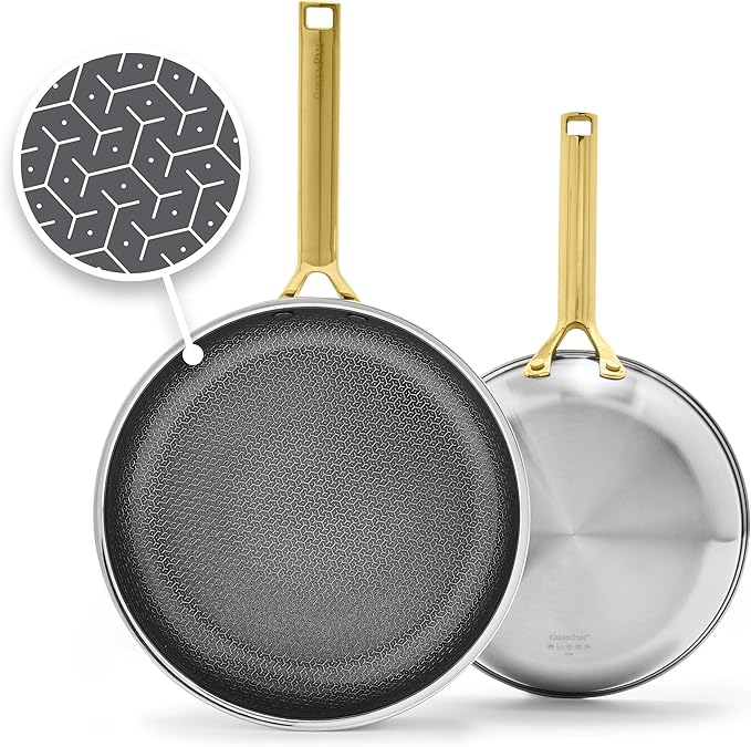 GreenPan Hybrid 9.5” & 11” Nonstick Stainless Steel Frying Pan Set, APEX Tri-Ply Thermobond PFAS-Free Ceramic Skillets, Induction & All Cooktop Compatible, Oven Temp to 850°F, Dishwasher Safe, Gold