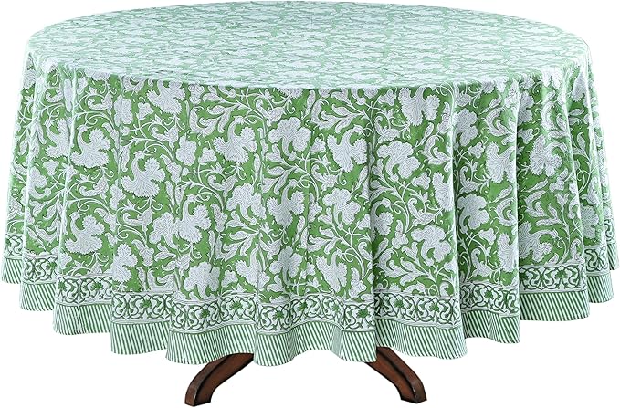 Ridhi Block Print Round Sage Green Reusable Tablecloth 100% Cotton 110" Inch Decorative Table Cover eveyday Dining, Home, Party, Wedding, Farmhouse Gift for Spring, Easter, Valentine
