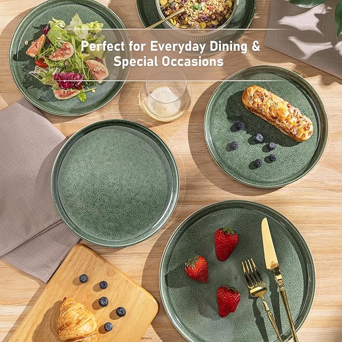 GBHOME 18-Piece Stoneware Dinnerware Set for 6 – Ribbed Ceramic Plates and Bowls, Scratch-Resistant, Microwave & Dishwasher Safe, Reactive Glaze, Dark Green