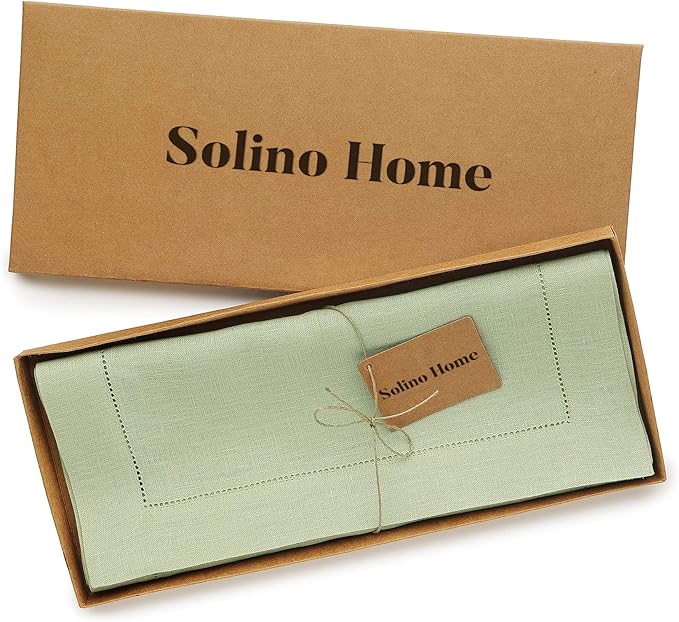 Solino Home Linen Table Runner 60 Inches - 100% Pure Linen Sage Green Hemstitch Table Runner 14 x 60 Inch Ideal for Dresser and Coffee Tables - Spring, Easter, St Patricks Day - Classic Hemstitch