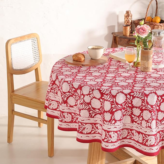 Hand Block Printed Table Cover - Exquisite Design, Premium Cotton Fabric, Perfect for Dining and Decor, Dining Table Linen (Cloudy Red Grace, 6 Seater 72 Inches Round)