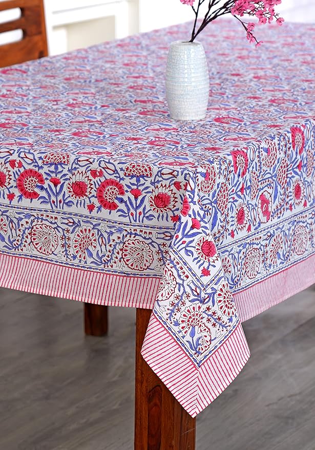 Ridhi Hand Block Print Pigeon Blue Flamingo Pink Rectangle Cotton Tablecloth 190" x 72" Reusable Table Cover Decorative Everyday Use for Dining, Farmhouse, Home Gift for Spring, Easter, Valentine