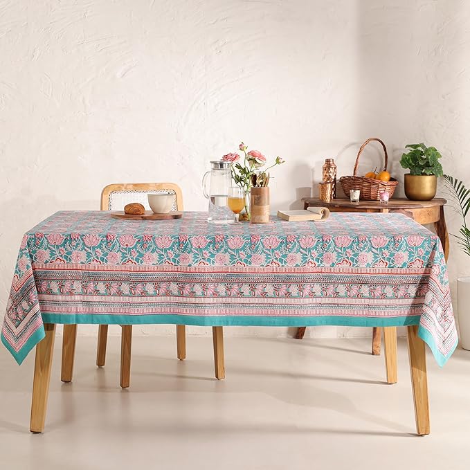 Hand Block Printed Table Cover - Exquisite Design, Premium Cotton Fabric, Perfect for Dining and Decor, Dining Table Linen (Green Delight, 12 Seater 72 x 135 Inches Rectangle)