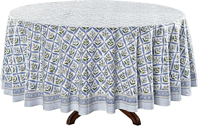 Ridhi Block Print Round Light Steel Blue Reusable Tablecloth 100% Cotton 90" Inch Decorative Table Cover eveyday Dining, Home, Party, Wedding, Farmhouse Gift for Spring, Easter, Valentine