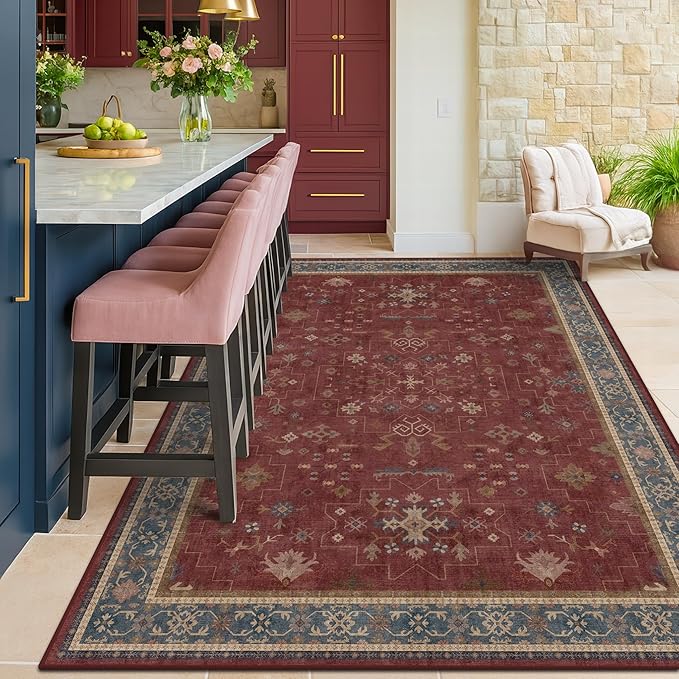 5x7 Boho Dark Red Rug for Living Room - Vintage Oriental Revival Low-Pile Carpet for Bedroom, Dining Table, Home Office, Machine Washable Area Rug Non-Slip with Rubber Back