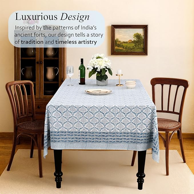 CPC Indigo Regal Tablecloth 100% Cotton 70x108 Inch Indian Block Print Rectangle Table Cover, Table Cloth for Gifting in Weddings, Halloween, Fall, Christmas, Thanksgiving