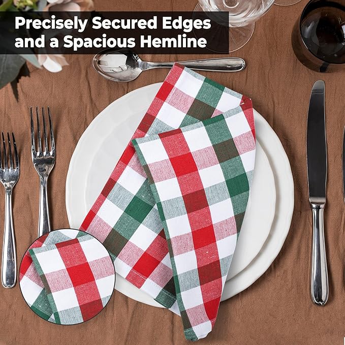 Urban Villa Cloth Napkins Set of 12 20x20 Inches 100% Cotton Napkins Cloth Washable Durable Reusable Absorbent Table Dinner Napkins Cloth for Christmas Hotel Lunch Restaurant Parties -X MAS Checks