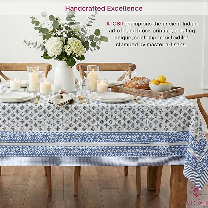 ATOSII Gulbahar Blue 100% Cotton Fall Rectangle Tablecloth, Handblock Print Floral Table Cloth for Kitchen Dining Linen I Thanksgiving Christmas Weddings Outdoors I 72 X 120 Inches I 10 Seater