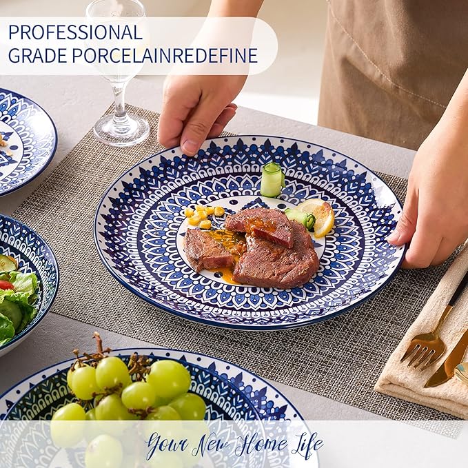 Bestone 12-Piece Round Porcelain Dinnerware Set, Service for 4, Chip Resistant Plates and Bowls,Blue, Dishwasher & Microwave Safe for Home Daily Use