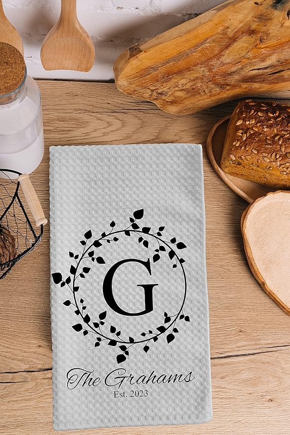 Personalized Kitchen Towel | Custom Tea Towel | Family Name Dish Towel | Kitchen Decor | Hand Towel | Housewarming Gift | Monogram Dishcloth (Wreath 2)
