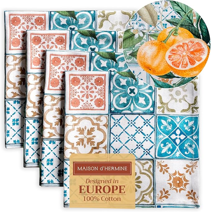 Maison d' Hermine Cloth Napkins Set of 4 100% Cotton Everyday Reusable Square Napkins Cloth Washable Dinner Party Wedding Restaurant Valentines Day Decorations Spring/Summer (Agrume, 20" x 20")