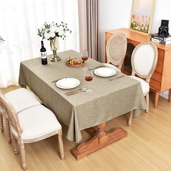 Fitable Faux Linen Table Clothes Rectangle 60 x 102 Inch - 2 Pack Khaki Tablecloths for 6 Foot Tables, Faux Burlap Kitchen Table Covers for Dining, Party, Farmhouse, Banquet, Buffet