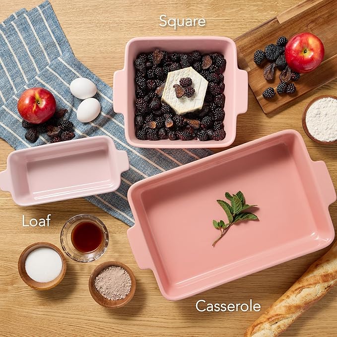 Best Choice Products 3-Piece Ceramic Bakeware Set, Stoneware Baking Dishes, Porcelain Casserole Bakeware Dishes, Serving Dishes - 9x12 Casserole, Loaf Pan, 8x8 Baking Dish - Pink Champagne
