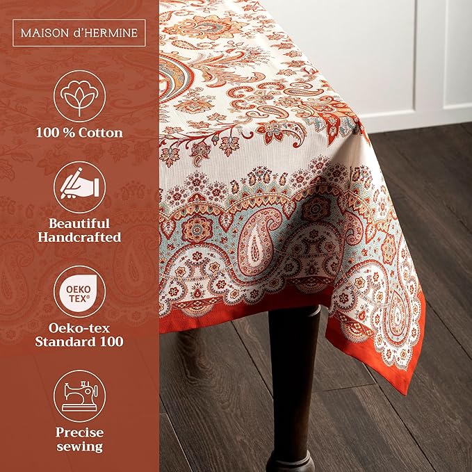 Maison d' Hermine Table Cloth Rectangle Table 100% Cotton 70 x 140 Inches Fall Tablecloth Reusable Everyday Use for Thanksgiving Christmas Decorations Dining Farmhouse Party (Cachemire)