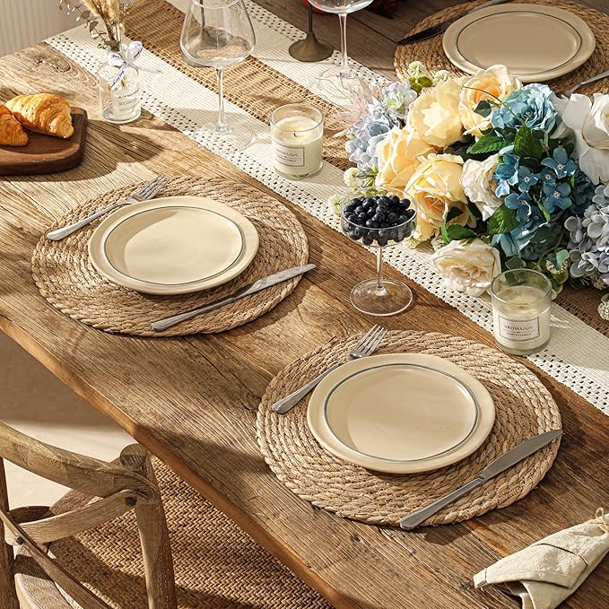 Round Woven Placemats Set of 4, 13.5'' Boho Rattan Chargers for Dinner Plates, Rustic Wicker Place Mats, Straw Braided Table Placemats, for Dining Table Decor, Wedding, Farmhouse and Outdoor