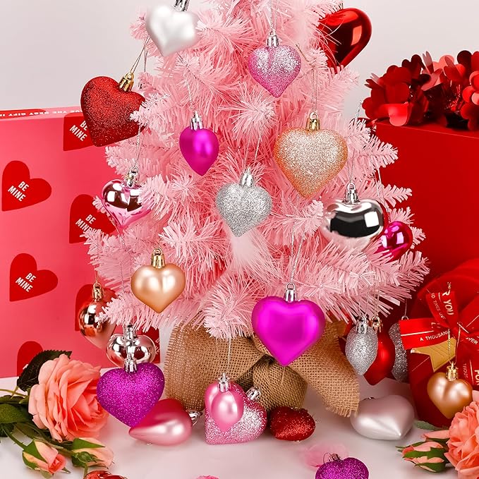 72 Pack Valentine Day Heart Shaped Ornaments Romantic Various Styles Heart Hanging Baubles Colorful Romantic Glossy Hearts Valentine's Day Decor for Party Anniversary Crafts Party Favors