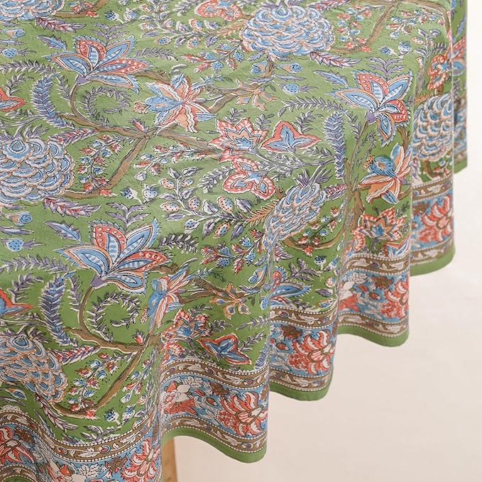 Hand Block Printed Table Cover - Exquisite Design, Premium Cotton Fabric, Perfect for Dining and Decor, Dining Table Linen (Forest Ash Elegance, 8 Seater 90 Inches Round)