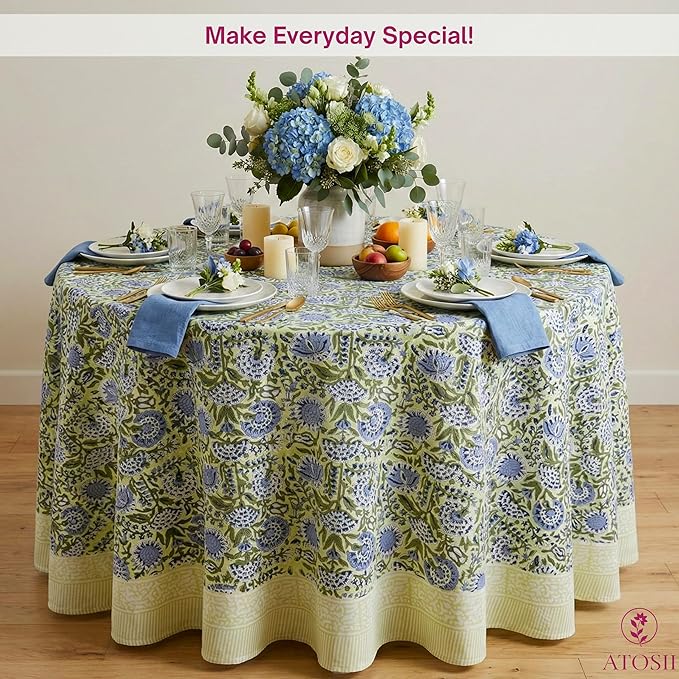 ATOSII Amara 100% Cotton Round Fall Tablecloth, Handblock Print Floral Table Cloth for Kitchen Dining Linen I Parties, Weddings, Christmas, Thanksgiving, Easter Grandmillennial Decor 60" Inches Round