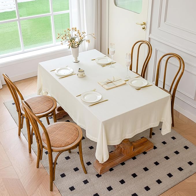 Linen World Linen Tablecloth 90x60 Inch, Rectangular Tablecloth Luxury Texture & Linen Look – Soft, Cool & Breathable Linen Blend Tablecloth for Dining, Kitchen, Outdoor, Easter-Creamy White