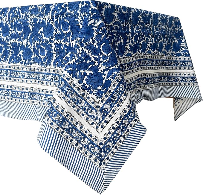 ATOSII Paradise Blue 100% Cotton Rectangle Summer Tablecloth, Handblock Floral Print Linen Table Cloth for Kitchen Dining I Parties, Weddings, Outdoors, Decor 60 X 90 Inches