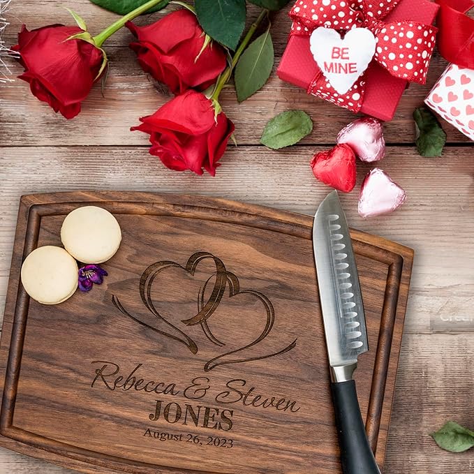 Personalized Cutting Board, Custom Wedding, Anniversary or Housewarming Gift Idea, Wood Engraved Charcuterie, for Newlyweds and Couples, Two Hearts Design 027