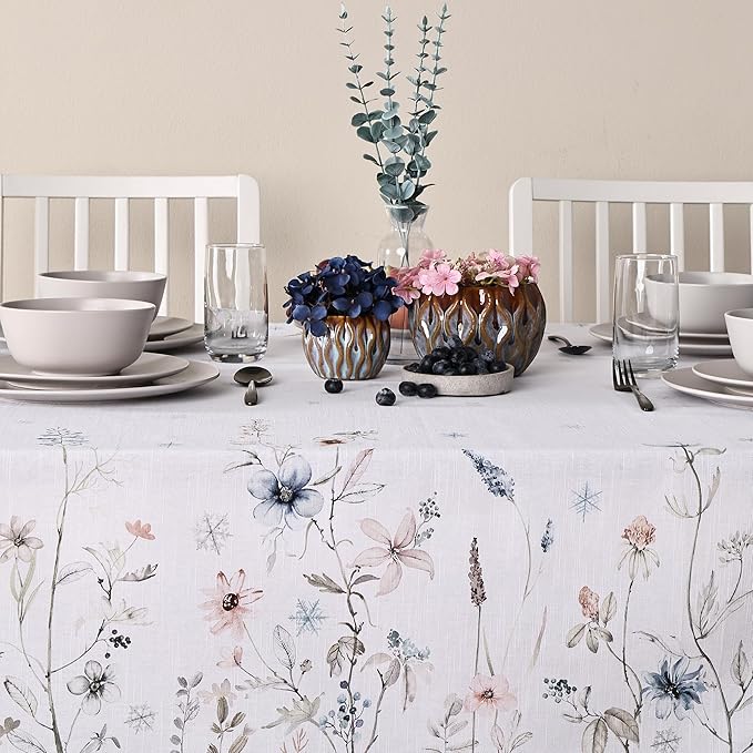 Maison d' Hermine Table Cloth Rectangle Table 100% Cotton 60 x 120 Inches Fall Tablecloth Reusable Everyday Use for Thanksgiving Christmas Decorations Dining Farmhouse Party (Ice Florals)
