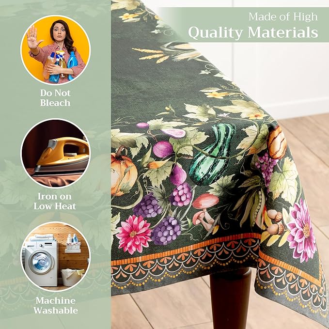 Maison d' Hermine Table Cloth Rectangle Table 100% Cotton 70 x 108 Inches Fall Tablecloth Reusable Everyday Use for Thanksgiving Christmas Decorations Dining Farmhouse (Pumpkin Garden - Dark Green)