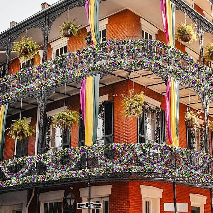 50FT Mardi Gras Tinsel Garland Purple Green Gold Metallic Mardi Gras Garland Shiny Mardi Gras Tree Ornaments for Carnival Party Indoor Outdoor Decorations