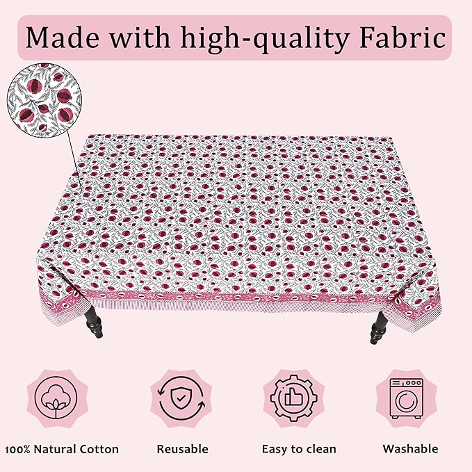 Ridhi Hand Block Print Sangria Red Rectangle Cotton Tablecloth 140" x 72" Reusable Table Cover Decorative Everyday Use for Dining, Farmhouse, Home Gift for Spring, Easter, Valentine