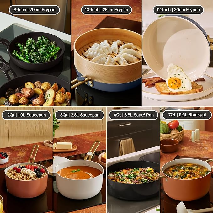 Our Place 17-Piece Essentials Complete Cookware Set - Ceramic Fry Pans, Saucepans, Sauté Pan, Stock Pot, Strainer Basket & Modular Storage | Thermakind™ Nonstick, Oven Safe up to 450°F | Blue Salt